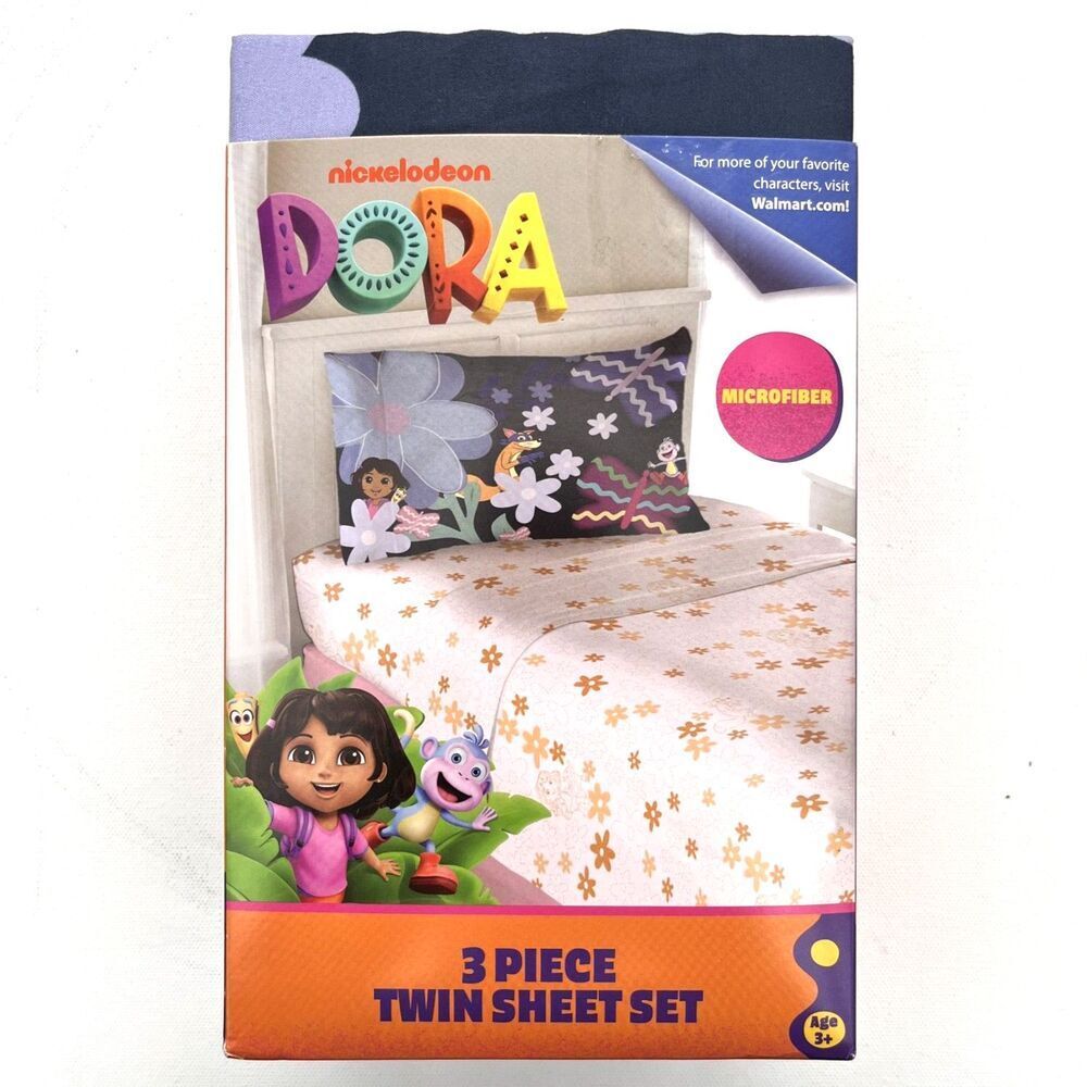 Dora the Explorer Kids 4 Piece Pink Orange Floral Sheet Set, Twin Size NWT